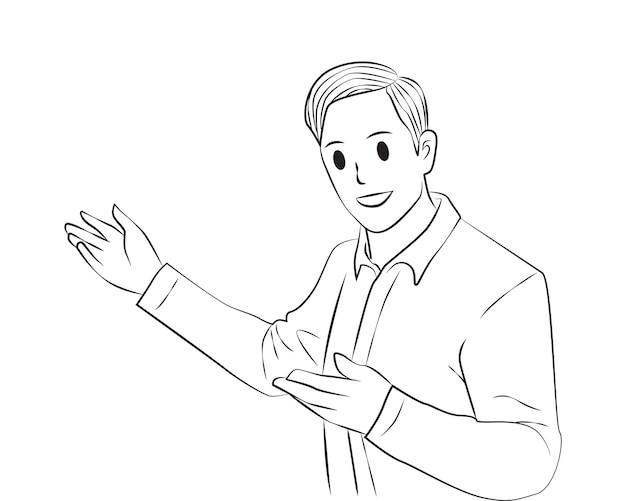 Man explain and welcoming pose Outline Vector Cartoon Illustration