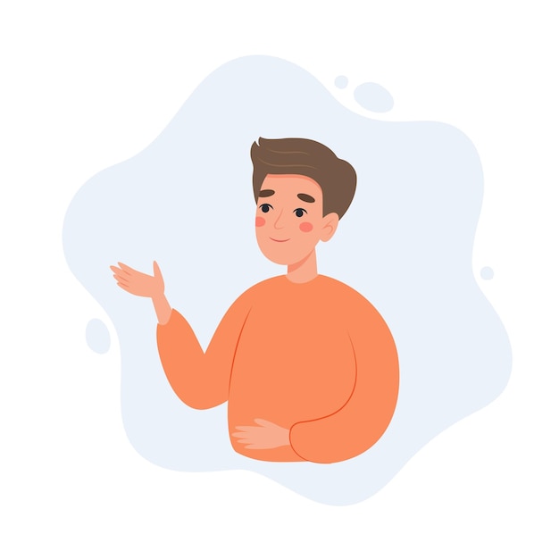 Man explaining presenting or showing something Cute character vector illustration in flat or cartoon style