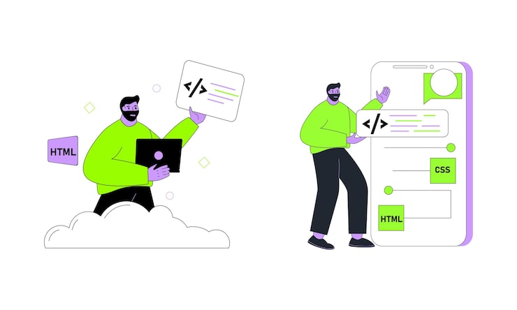 Vector man explaining web programming male showing screen computer programmer software coding language