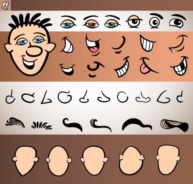 Vector man face elements set cartoon illustration