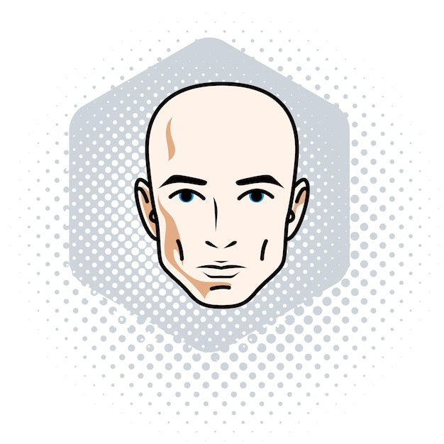 Man face, human head. Vector character, handsome bald male.