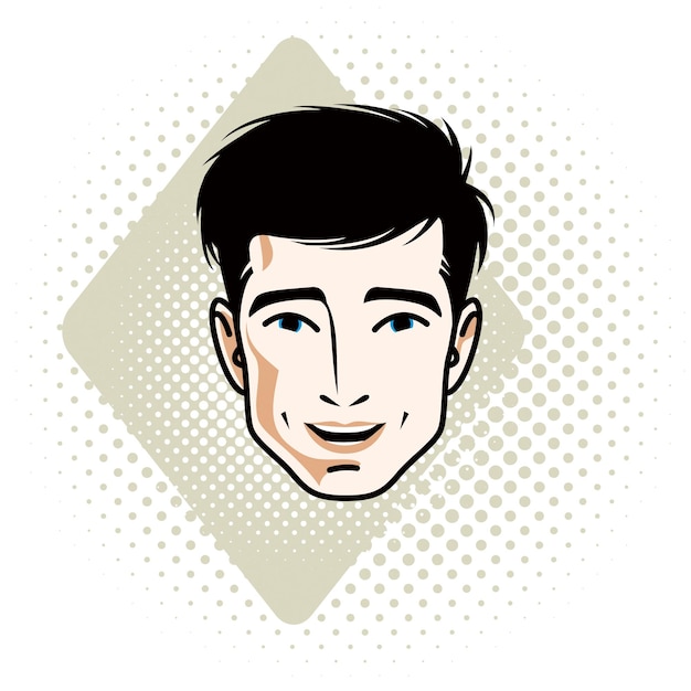 Man face, human head. Vector character, handsome brunet male with stylish haircut.