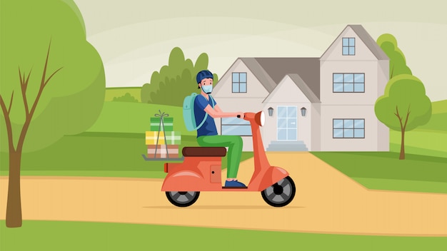 Man in face mask drive motorbike and deliver goods from shop  cartoon illustration.