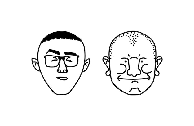 Man face Senior mature adult people diverse characters set different shapes Funny person Collection of facial expressions Vector artoon line hand drawn sketch Illustration