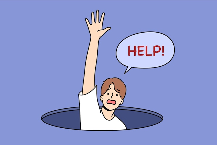 Vector man fallen into hole screams for help and raises hand for concept of panic attack and helplessness