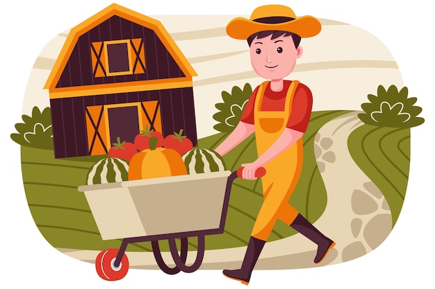 Vector man farmer push a trolley selling watermelons, tomatoes, and pumpkins.