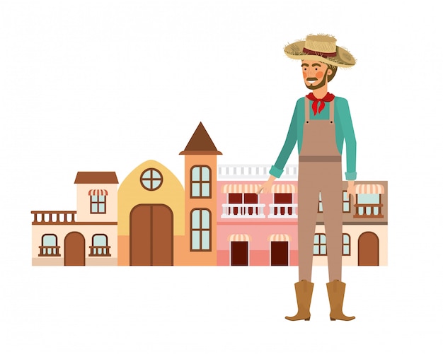 Vector man farmer with houses of neighborhood