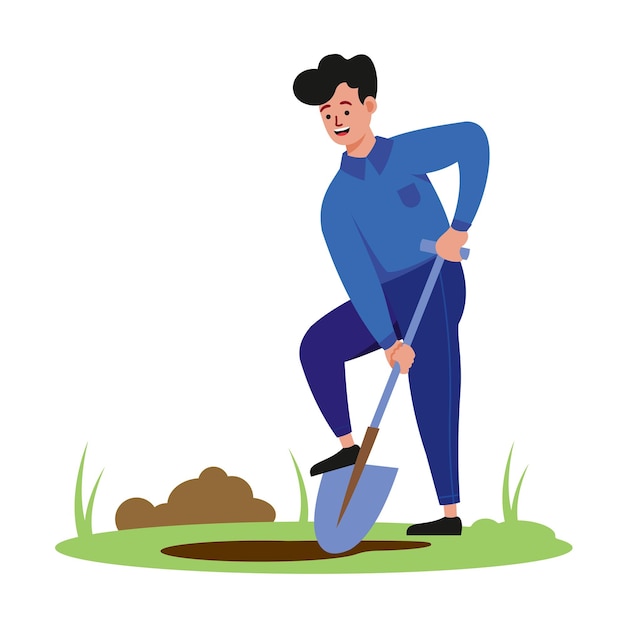 Man farmer with shovel digging hole