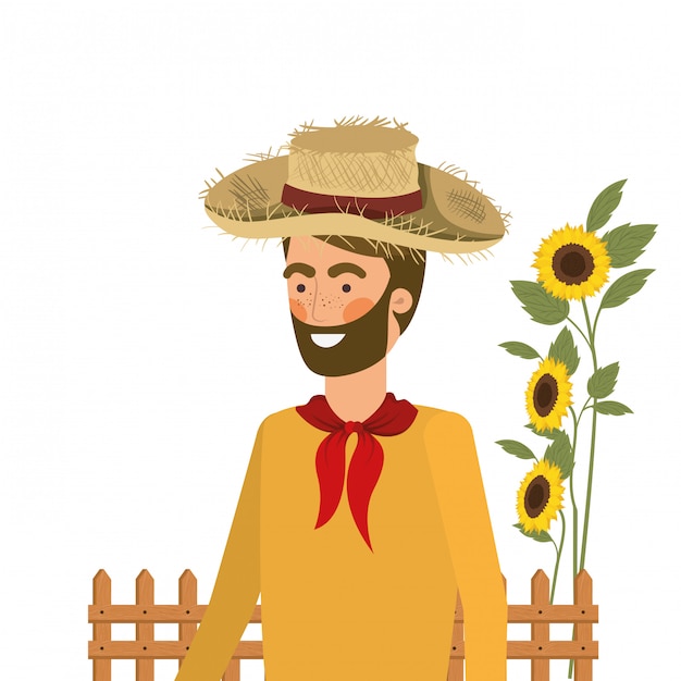 Vector man farmer with straw hat and sunflowers