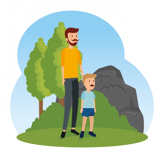 Man fathers with his son and trees with bushes