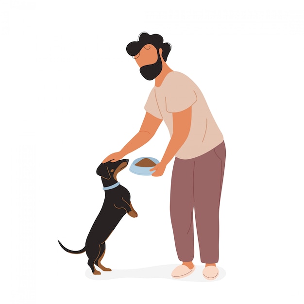 Vector man feeding and petting dachshund