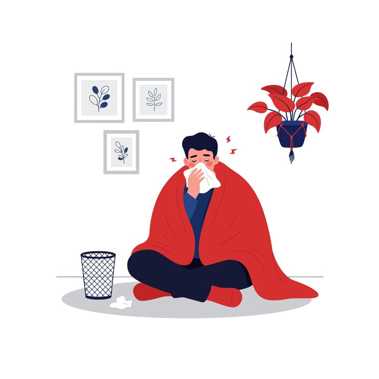 Vector man feeling sick at home covered with blanket wipes nose