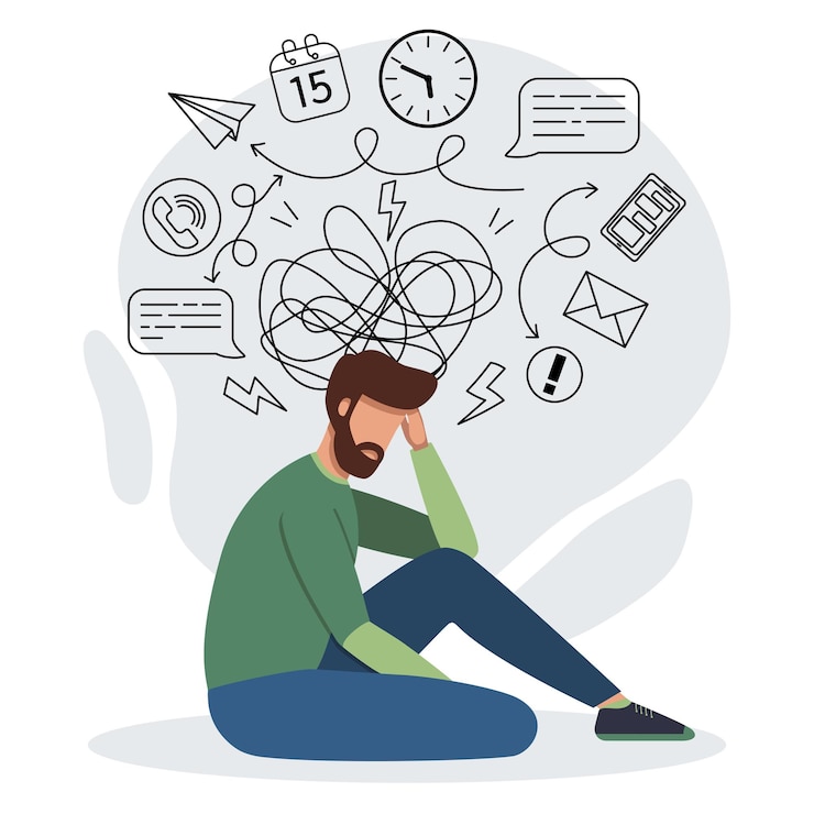 Vector man feeling stress because of too much work