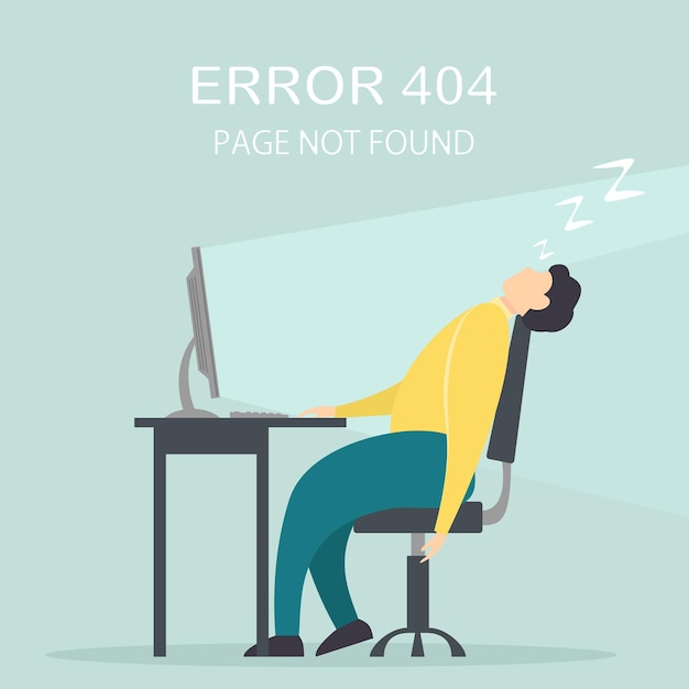 남자는 직장에서 컴퓨터에서 잠이 들었다. 레터링 오류 404, 페이지를 찾을 수 없음, 그림.