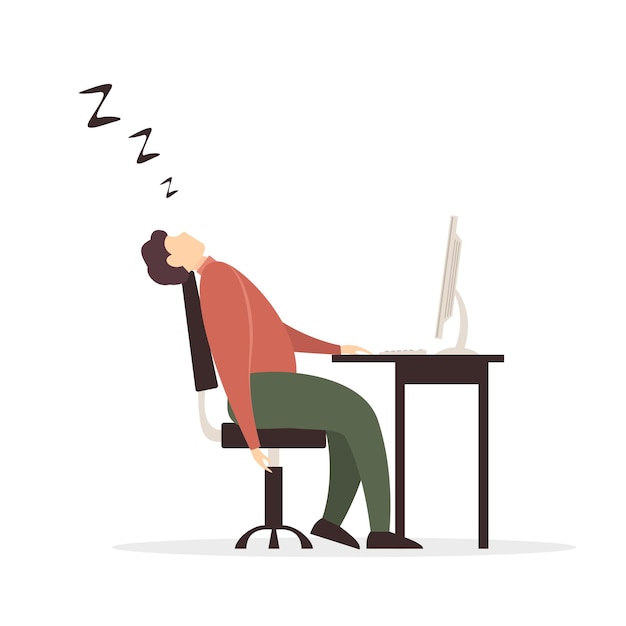 Man fell asleep at computer on workplace, illustration.