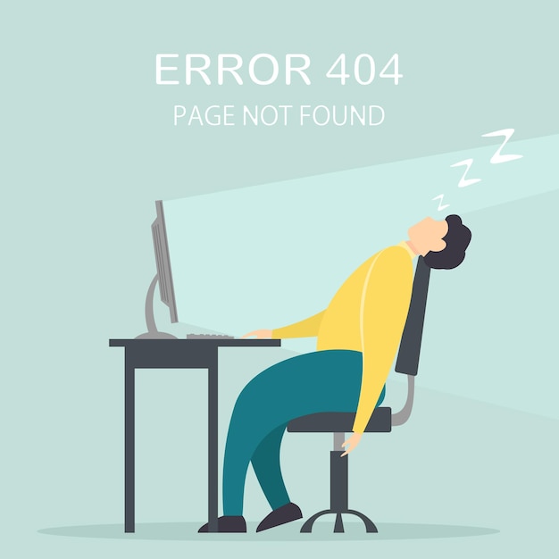 Man fell asleep at computer on workplace. lettering error 404, page not found, illustration.