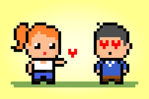 Man and female 8 bit pixels People in pairs for cross stitch pattern in vector illustration