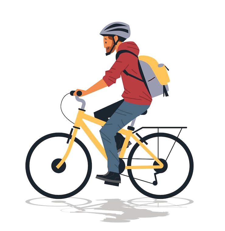 Vector man fietsen buitenactiviteit met helm en rugzak gele fiets casual kleding geïsoleerd op witte achtergrond