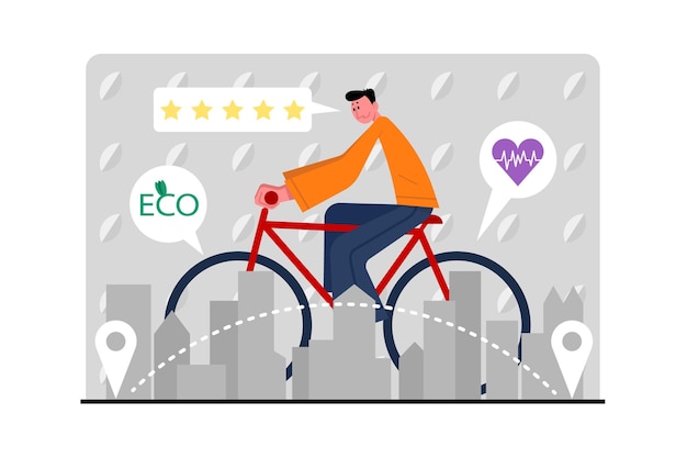 Man fietsen in de stad met behulp van stedelijk milieuvriendelijk vervoer Vermindering van het wereldwijde energieverbruik Gebruik van groene voertuigen Hedendaagse voertuigverhuurbedrijven rating Platte vector illustratie