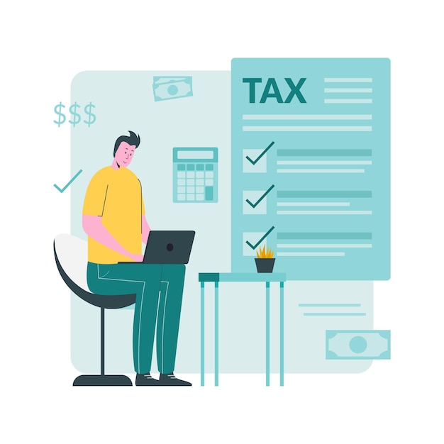 Man filling tax form online premium vector