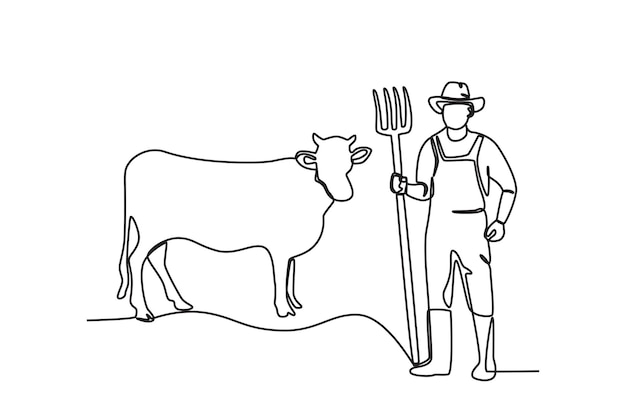 A man finishes cleaning the cowshed Farmer and cattle oneline drawing