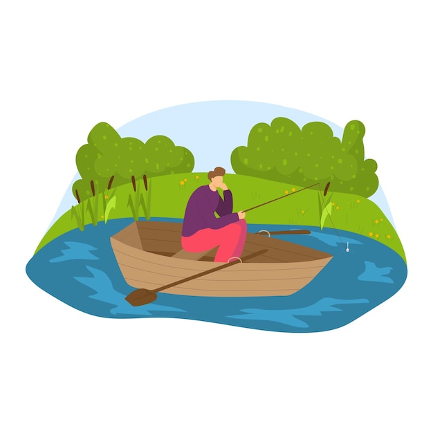 Man fishing alone in a wooden boat on a calm lake near green trees peaceful lifestyle and outdoor