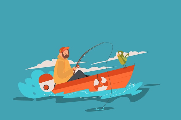 Man fishing on boat illustration