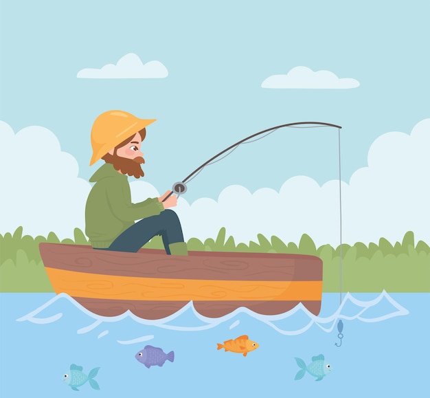 man fishing on the boat in the river