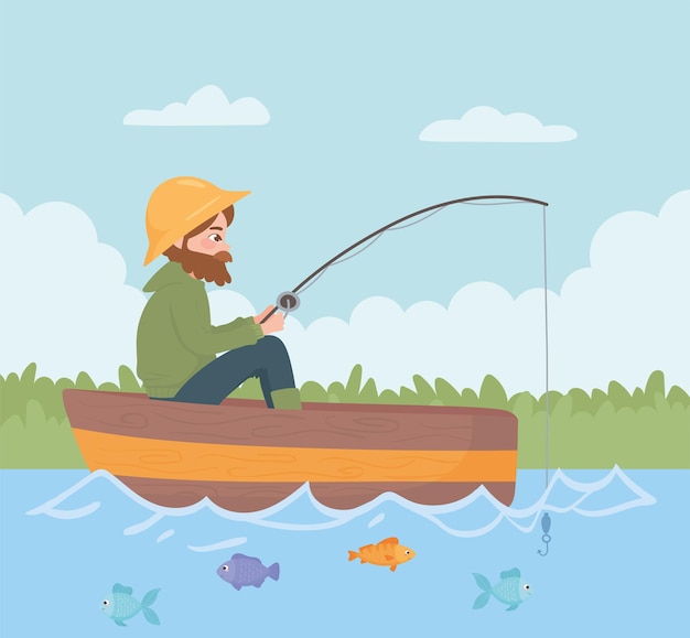 Man fishing on the boat in the river