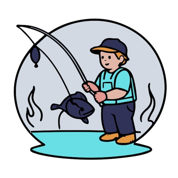 Vector man fishing color filled illustration