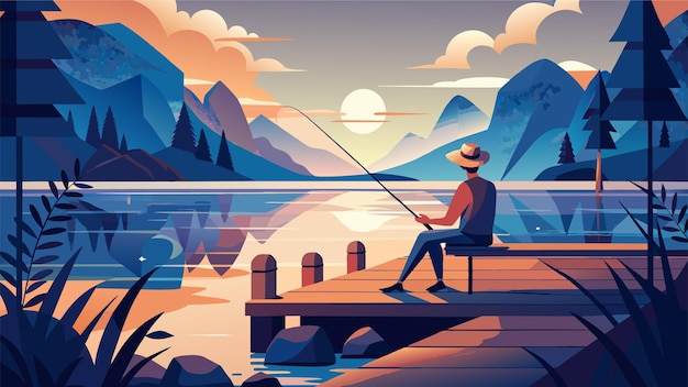 a man fishing on a dock with mountains in the background