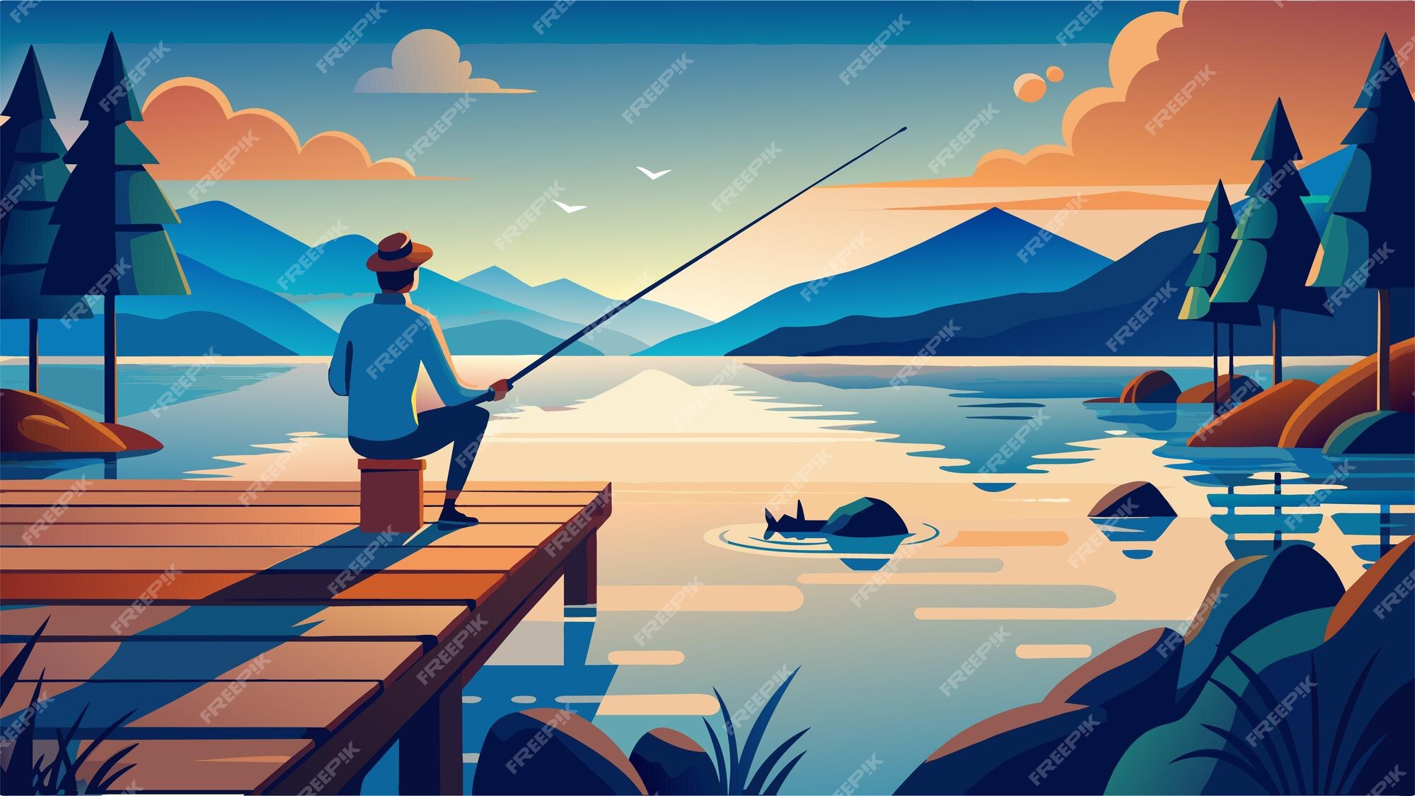 Premium Vector | A man fishing on a dock with mountains in the background