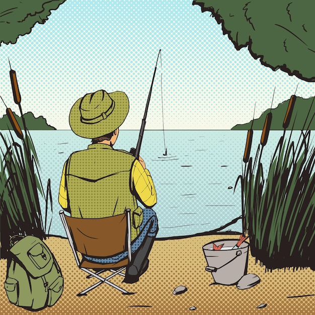 Man fishing on lake pop art style vector