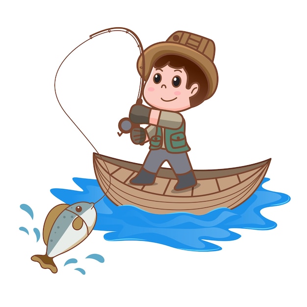 Vector man fishing in rubber boat