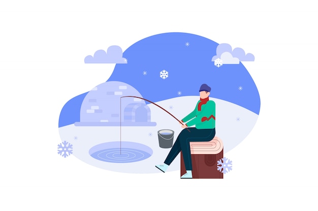 Pesca dell'uomo sull'illustrazione di inverno