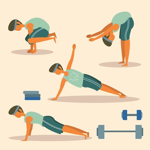 Man fitness workout pose vector flat