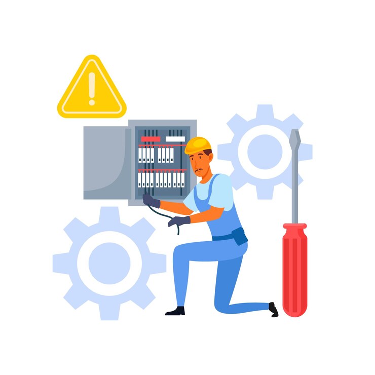 Vector man fixing electric control with wrench on gear background and sign warning