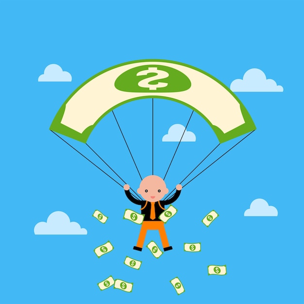 A man flaying with dollar parachute and money falling, flying from his pocket vector illustration.