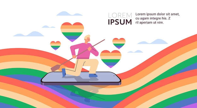 Man floating on smartphone with lgbt rainbow flag on screen gay lesbian love parade pride festival transgender love concept