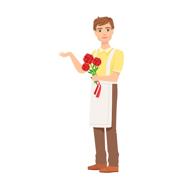 Man florist in apron working as flower shop attendant holding bouquet of roses in hands