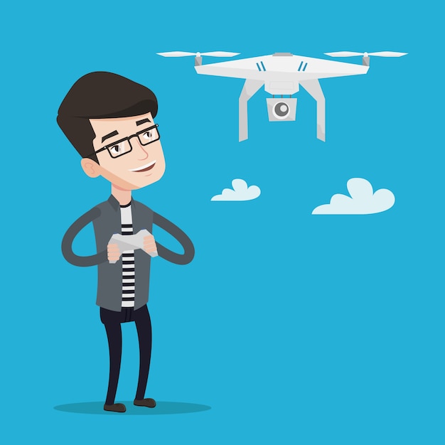 Man flying drone vector illustration.