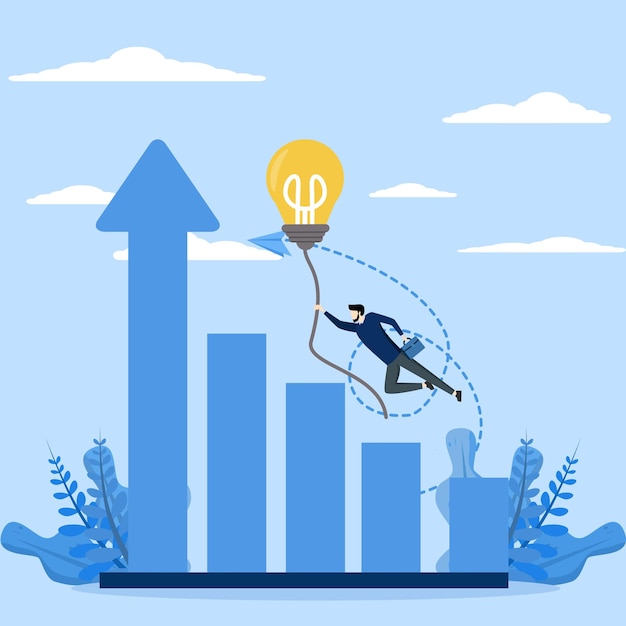 A man flying up a lightbulb with arrows pointing up to the top a illustration aiming success