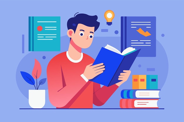 A man focusing on reading a book while seated at a desk A man studying the user manual book Simple and minimalist flat Vector Illustration