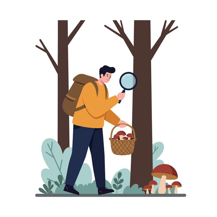 Vector man foraging for mushrooms in the forest examining them with a magnifying glass