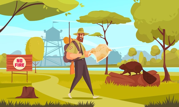 Man forest ranger walking in wood with gun and map cartoon