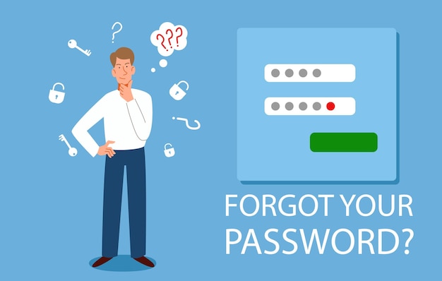 남자는 그녀의 개인 데이터를 잊어버렸습니다. 잊어버린 암호가 있는 웹 화면 보호기의 개념