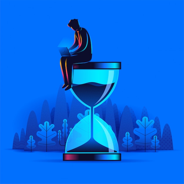 Vector man in formal suit sitting on an hourglass and working on his laptop. productivity and time management concept landing page illustration.