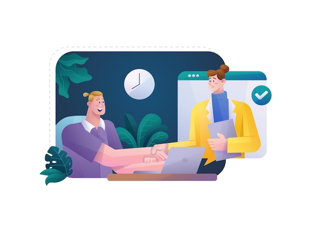 Man freelancer dealing with woman client gradient flat vector illustration for remote working