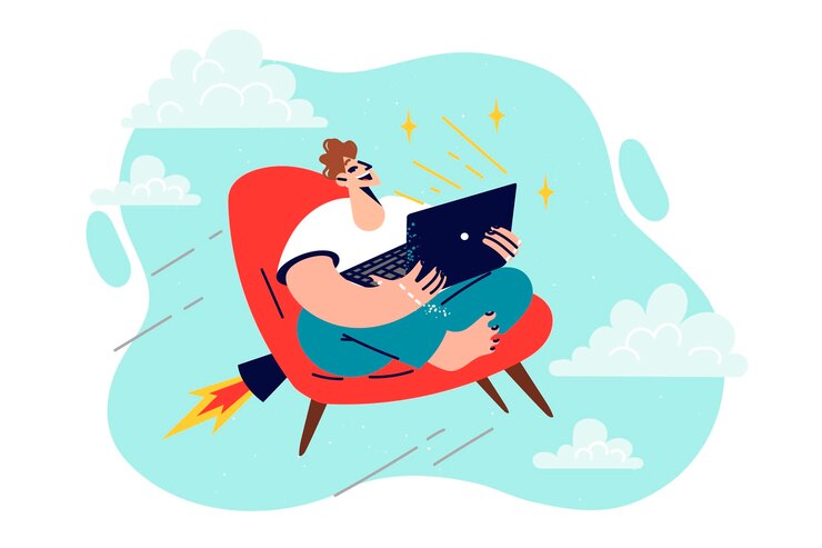 Vector man freelancer with laptop does work via internet sits in chair flying in sky among clouds