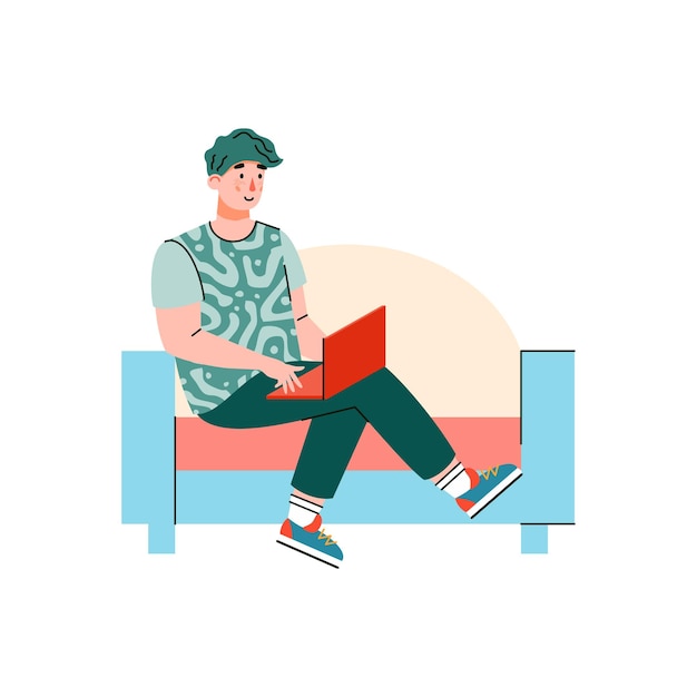 Man freelancer working remotely at home cartoon illustration